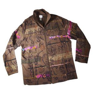 Chico's Ladies Olive Jacket, Size 3, Embellished Lace, Metallic Thread, Graphic